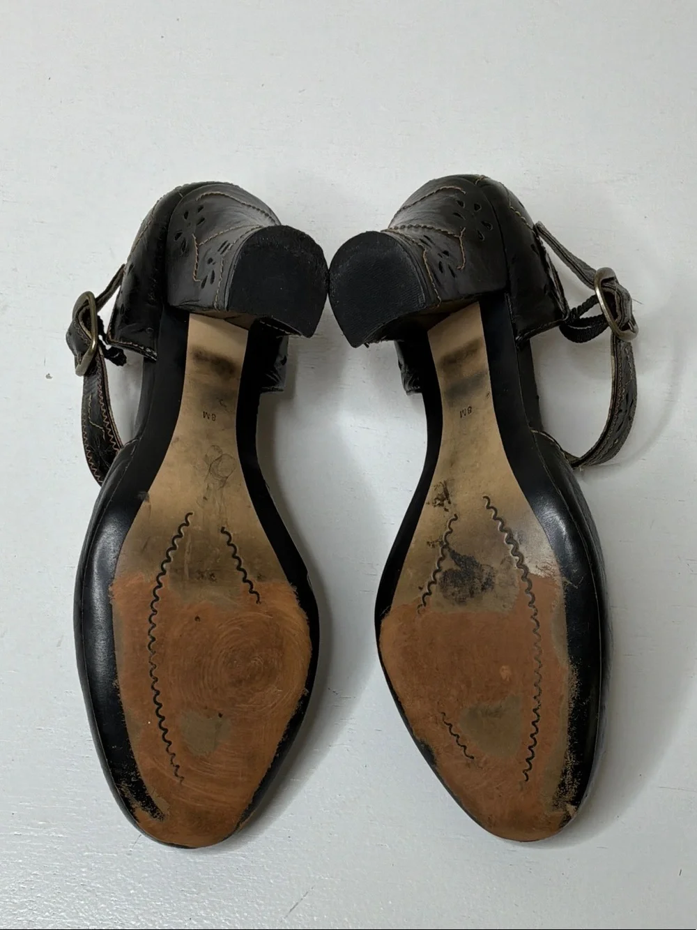 Kenzie Kayna Black Suede/Leather Ankle-Strap Heels Floral Cut Out In Leather Sz8